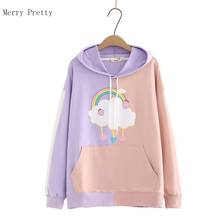 Rainbow Print Patchwork Hooded Sweatshirt Women 2021 Summer Sweet Style Pockets Hoodies Korean Girly Cotton Drawstring Cute Top 2024 - buy cheap