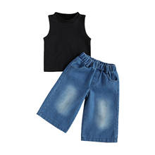 Citgeett Summer Kids Baby Girl Tops Loose Jeans Sleeveless Black Tops Sports Denim Pants Suit Set Clothes 2024 - buy cheap