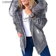 Lugentolo-Parkas de mezclilla para mujer, chaqueta cálida informal con cuello de piel grande, paquete suelto de un solo pecho, Parkas de moda 2024 - compra barato