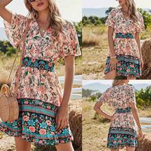 2021 Summer Sexy V Neck Print Mini Dress Women Casual Short Sleeve High Waist Boho Bech Dress For Women Sexy Chiffon Dress   2024 - buy cheap