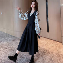 Spring Autumn Dress Suit 2022 New Women's Long Sleeve Floral Chiffon Shirt V-neck Black Vest Dress Two Piece Suit q050 2024 - buy cheap