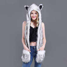 10 Styles Faux Fur Hood Animal Hat Ear Flaps Hand Pockets 3 in1 Animal Hat Wolf Plush Warm Earmuff Animal Cap with Scarf Gloves 2024 - buy cheap