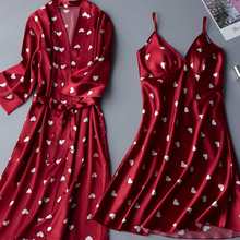 Conjunto de roupão e robe de seda feminino, 2 peças, roupa de dormir + roupão, 2 peças, 5 cores, robe, damas de honra, casamento, pijama 2024 - compre barato