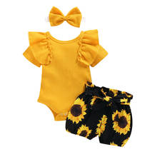 New Summer Girl Sunflower Print Clothes Short Sleeve Ruffle Romper Jumpsuit+Tutu Shorts+Headband 3pcs Outfits Set 2024 - buy cheap