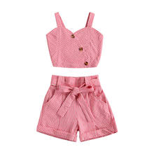 OPPERIAYA Baby Girls Summer Two Piece lovley Set Fashion Striped Oblique Breasted Suspender Tops and pocket Bandage Short Pants 2024 - buy cheap