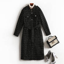 Abrigo de lana de alta calidad para mujer, gabardina entallada de punto negro, con cinturón, talla grande 5XL, otoño e invierno, novedad 2024 - compra barato