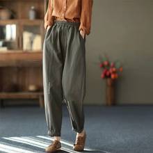 New Spring Arts Style Women Loose Casual Ankle-length Pants All-matched Elastic Waist Cotton Linen Embroidery Harem Pants W08 2024 - buy cheap