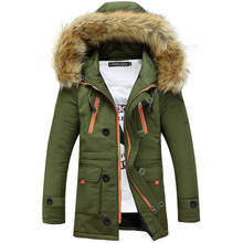 Зимние мужские куртки и пальто, повседневная Толстая теплая длинная мужская верхняя одежда с капюшоном, одноцветная куртка с меховым воротником для мужчин, стильная M-3XL 2024 - купить недорого