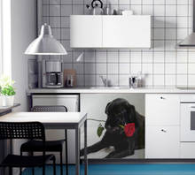 Wholesale 3D Black Dog With Rose Dishwasher Refrigerator Freeze Sticker Art Fridge Door Cover Wallpaper Kitchen Wall Stickers 2024 - buy cheap