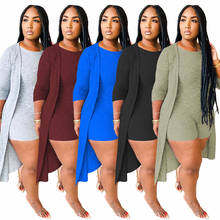 Women Plus Size Casual Two Piece Sets 2021 Spring New Arrivals O-neck Skinny Short Jumpsuits Long Sleeve Midi Cardigan Outfits 2024 - buy cheap