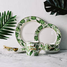 Chávena e pires de cerâmica com padrão para plantas verdes, conjunto de louças em ouro e porcelana 2024 - compre barato