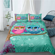 Conjunto de cama de coruja de desenho animado, crianças, 2/3 peças com fronha, queen, king size, estampa de desenho animado, edredon 2024 - compre barato