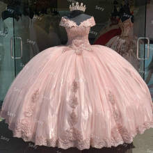 Elegante vestido de quinceañera rosa sin hombros, vestido de baile hinchado de tul dulce 16, corsé de encaje, vestidos de fiesta de graduación 2021 2024 - compra barato