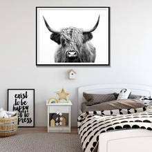 Sala de estar decoração simples nordic decoração da parede da moda preto e branco highland vaca lona arte impressão e cartaz 2024 - compre barato