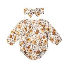 Body infantil fofo para meninas de 0 a 18m, manga longa floral, macacão, tiara para recém nascidos, 2 peças, conjunto de roupas de bebê 2024 - compre barato