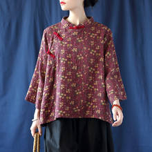 Женская Свободная блузка с воротником-стойкой, хлопковая блузка с принтом в винтажном стиле, асимметричная винтажная рубашка, топы для женщин, ретро топы 2024 - купить недорого