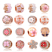 Pingentes para pulseira pandora flor rosa trevo-rosa branco/rosa/dourado 2020, frete grátis, 4 peças 2024 - compre barato