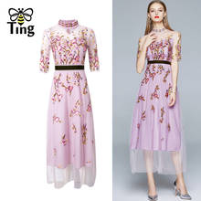 Tingfly Vintage Elegant Flower Embroidery Purple Mesh Midi Long Dress Women Summer Casual Dress Vestidos A Line Elbise Zaful 2024 - buy cheap