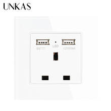 UNKAS Wall Power Socket Crystal Glass Panel Dual USB Charging Port 2.1A Wall Charger Adapter 13A UK Standard Socket 110~250V 2024 - buy cheap