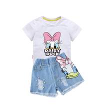 Girls Outfits Cartoon Duck Printed Summer Shirt&Sequins Broken Hole Denim Shorts Toddler Girls Clothing Set Children Clothes 2024 - buy cheap