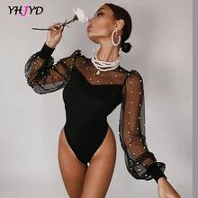 Spring Women Bodysuit Tops Elegant Black Bodies Sexy Office Lady Beading Black Mesh See Through Sleeve Patchwork Sexy Body Suit 2024 - buy cheap