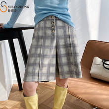 Women Bermudas Female Knee-Length Suit Pants Ladies Trousers  Winter Vintage Check Plaid Elastic High Waist Loose Button Office 2024 - buy cheap
