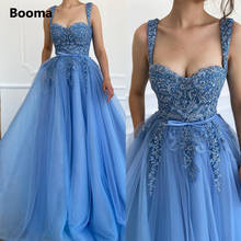 Booma Spaghetti Straps Blue Tulle Prom Dresses Sweetheart Lace Appliques Top A-Line Prom Gowns Pockets Long Wedding Party Dress 2024 - buy cheap