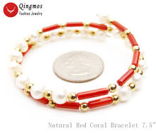 Qingmos-pulsera de moda de 3x9mm para mujer, brazalete de Coral rojo Natural con perlas blancas de 6mm, joyería de envoltura de alambre de acero de 15" 2024 - compra barato