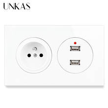 UNKAS French Standard Wall Socket + Female Dual USB Charging Port Output LED Indicator Glass And Black Aluminum Panel Outlet 2024 - buy cheap