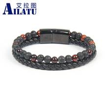 Ailatu 10pcs Fashion Men Jewelry Natural Stone Genuine Leather Bracelet Black Stainless Steel Magnetic Clasp For Birthday Gift 2024 - buy cheap