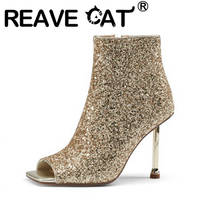 REAVE CAT 2021 Summer Bling Mid Calf Glitter Boots Sequined Cloth Peep Toe Zip 9.5CM High Strange Stiletto Heel Size 33-43 A4180 2024 - buy cheap