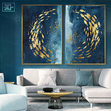 Abstract Gold Fish Chinese Canvas Painting Big Blue Poster Print Luxurious Wall Art For Living room Aisle Gold tableaux Picture 2024 - buy cheap