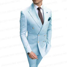 New Gold Buttons Men Suit Double Breasted Sky Blue Oversize Tuxedo Green Wedding Groom Dress Suit Business Blazer with Pants Set 2024 - buy cheap