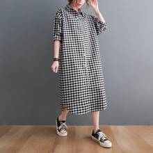 Vestido camisero de lino y algodón para mujer, traje holgado Vintage de talla grande, con botones, a cuadros, para verano 2024 - compra barato