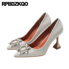 Zapatos de tacón fino con diamantes de imitación para mujer, tacones de aguja plateados, puntiagudos, a la moda, con purpurina, cristal negro, 2021 2024 - compra barato