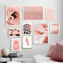Pintura em tela de abacaxi com pena de flor rosa, arte de parede para praia, posteres e impressões nórdicas, imagem de parede para decoração de sala de estar 2024 - compre barato