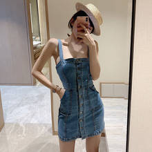 Bella Philosophy 2020 Summer New Fashion Denim Spaghetti Strap Dress Korea Streetwear Single Breasted Bandage Dresses Vestidos 2024 - buy cheap