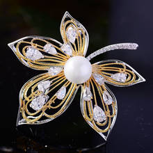 Zlxgirl broche com folhagens douradas, joias de marca para casamento femininas, cachecol de pérola e micro empedrado, presentes populares 2024 - compre barato