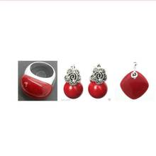 Free shipping  Nice Red Carved Lacquer Marcasite 925 Sterling Silver Ring(#7-10) Earrings & Pandent jewelry sets 2024 - buy cheap