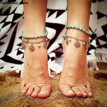 2Pcs/set Souvenir Ankle Bracelet Foot Jewelry Unique Green Howlite Bead Flower Pendant Gold Color Chain Anklet 2024 - buy cheap