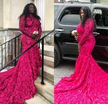2020 Fuchsia Mermaid Plus Size Prom Dresses High Neck Lace Formal Dress Sweep Train Ruffled Long Sleeves Evening Gowns 2024 - buy cheap