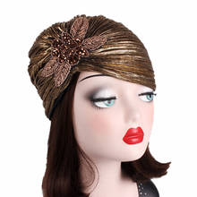 Gorro de turbante con brillo musulmán para mujer, gorro de Hijab plisado de la India, joya de diamante dorado y plateado, accesorios para el cabello 2024 - compra barato