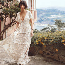 ArtSu Women Deep V Neck Sexy Short Sleeve Summer White Dress A-Line Bohemian Style Floral Print Maxi Dress Elegant 2020 Beach 2024 - купить недорого