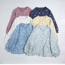 Женская блузка с цветочным принтом в японском стиле Mori Girl, хлопковая льняная блузка с длинными рукавами-фонариками и V-образным вырезом 2024 - купить недорого