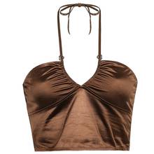 Women Sexy Cross Halter Deep V-Neck Brown Crop Top Ruched Hollow Out Keyhole Backless Camisole Harajuku Vintage Skinny Sling Ves 2024 - buy cheap