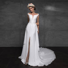 Женское атласное платье с юбкой-годе, белое свадебное платье с разрезом, аппликацией и бисером, со съемным хвостом 2024 - купить недорого