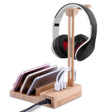 Wooden Headphones Stand with 3 USB Ports, 4 Phone Stand Slots, Cable Organizer Desktop Headphone Holder Gaming PC Headset Hanger 2024 - buy cheap