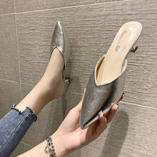 Mules For Women 2021 Thin Heels Shallow Cover Toe High-Heeled Shoes Lady Slippers Casual Slides Med Pointed Luxury Soft Silver P 2024 - buy cheap