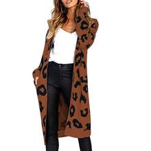 Cárdigan largo de leopardo para mujer, suéter de punto grueso de manga larga, abrigo abierto con bolsillo frontal, Chaqueta larga de Otoño Invierno 2024 - compra barato