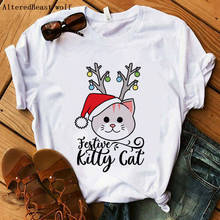 Cute festive Christmas Kitty Cat Shirt print T-Shirt 2019 cat tshirt Women casual short sleeve Christmas Cat Tops white clothes 2024 - buy cheap